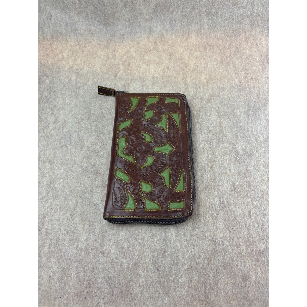 Leaders in Leather Tooled Wallet- Brown and Green Floral- Paraguay